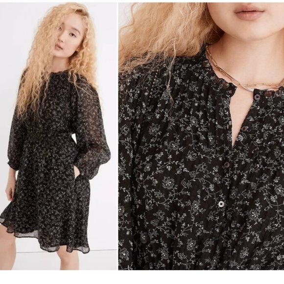 MADEWELL Ruffle-Neck Button-Front Mini Dress in Dotted Vines, XS - Picture 1 of 13